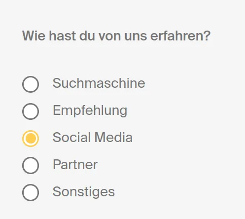 Radio-Button-Liste mit der Frage „Wie hast du von uns erfahren?“. Optionen Suchmaschine, Empfehlung, Social Media, Partner, Sonstiges. Social Media ist ausgewählt, aber es ist kein sichtbarer Fokus-Indikator zu erkennen.